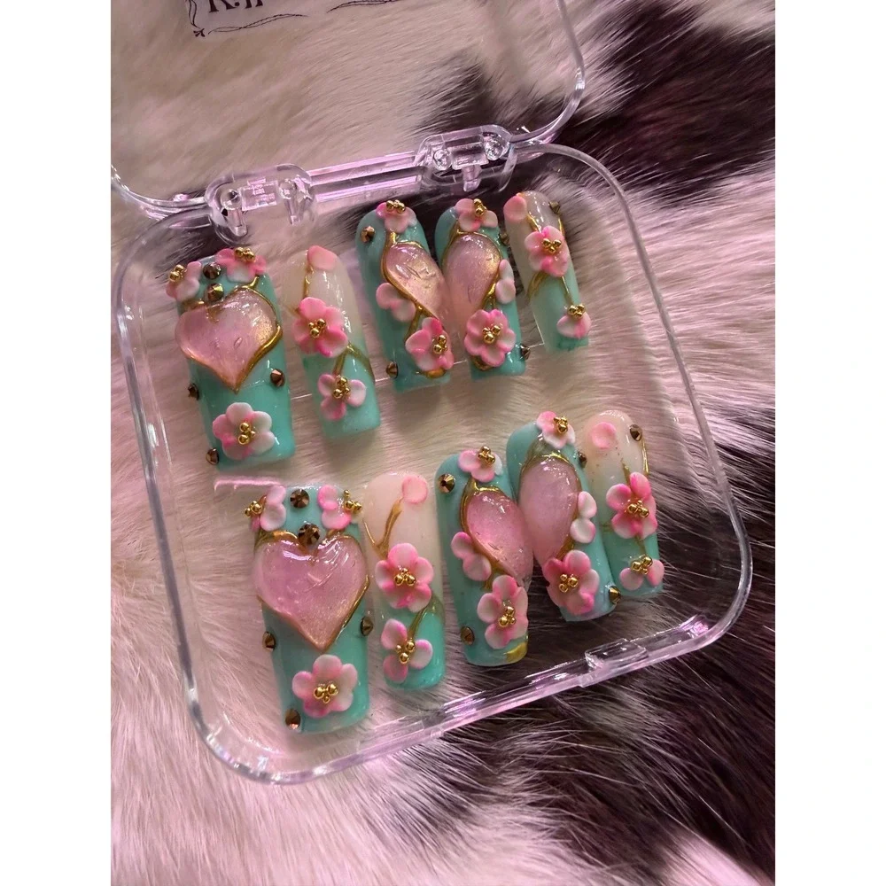 Killer Nailz Size Medium 3.0 Premium Press On Nails 3D Floral Heart Teal Pink